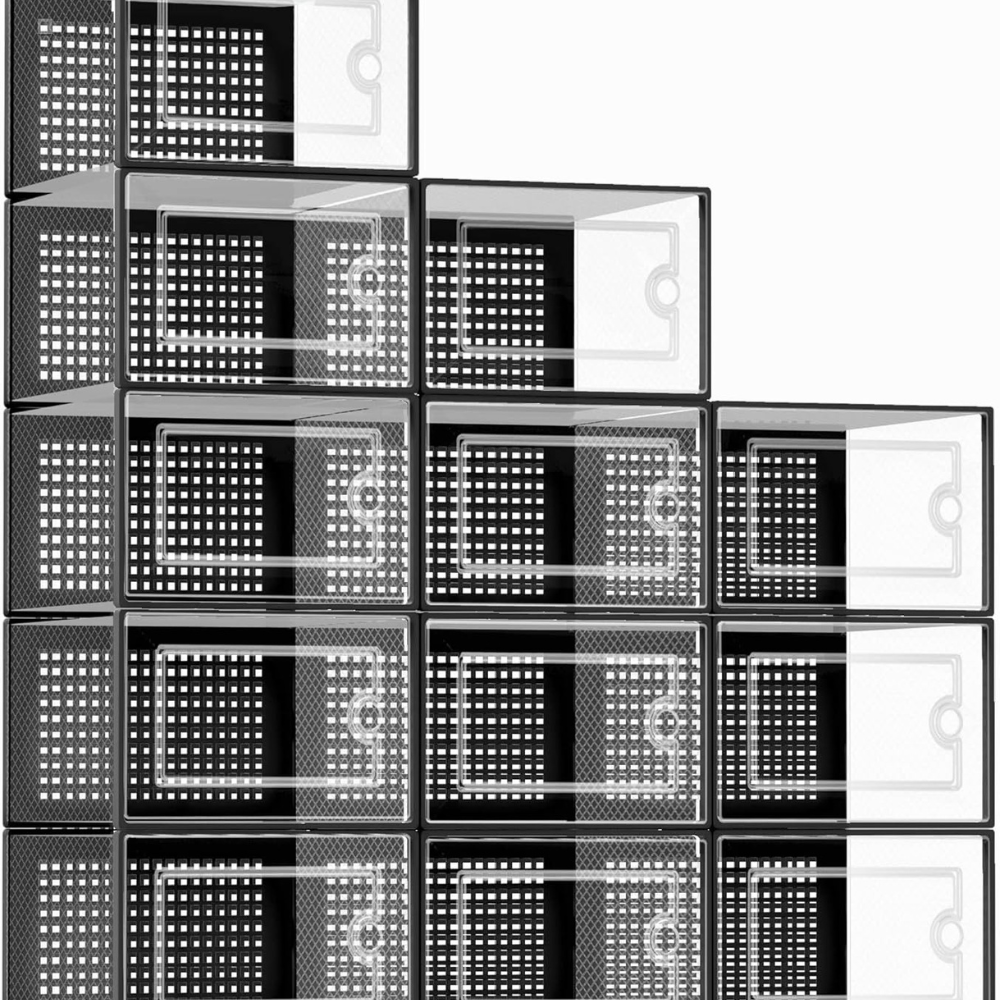 Kuject X-Large Shoe Storage Boxes Clear Plastic Stackable 12 Pack Black