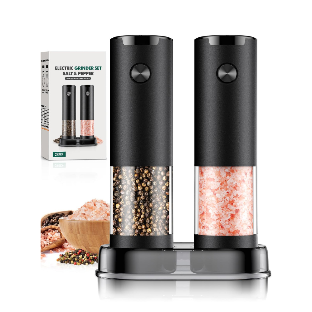 Electric Salt and Pepper Grinder Set Automatic Battery LED Black 2 Pack